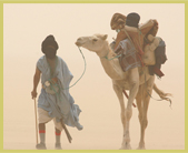 An Imragen fisherman carries supplies by camel through a desert sandstorm in the Banc D'Arguin National Park world heritage site in Mauritania