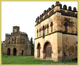 Two of the prominent castle buildings within the Royal Enclosure at Fasil Ghebbi UNESCO world heritage site, Gondar Region, Ethiopia