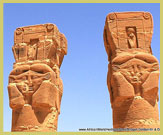 The ancient Egyptian goddess Hathor depicted on the columns of the Temple of Amun at Gebel Barkal, one of the ancient monuments from the Kingdom of Kush, part of the Napatan region world heritage site, Sudan