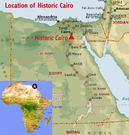 Map showing the location of the Islamic & Coptic monuments at the heart of Historic Cairo (UNESCO world heritage site, Egypt)