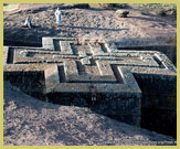 The isolated monolith of St George's church (Bet Giyorgis) is excavated below ground level and one of the most distinctive of the rock-hewn churches of Lalibela (a UNESCO world heritage site, Ethiopia)