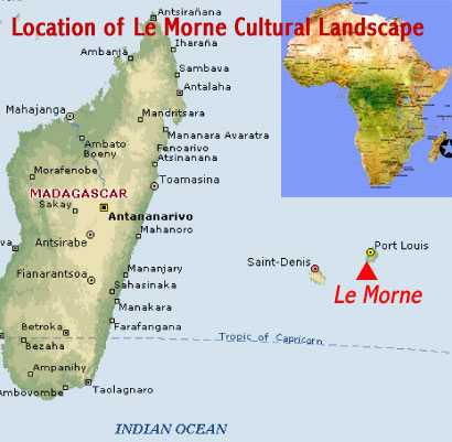 Map showing the location of Le Morne Cultural Landscape UNESCO world heritage site (Mauritius)