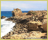 Ruins of the ancient Roman Mediterranean port at the Archaeological Site of Leptis Magna UNESCO world heritage site, Libya 