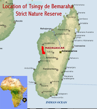 Map showing the location of the Tsingy de Bemaraha Strict Nature Reserve world heritage site in Madagascar