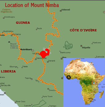 Map showing the location of Mount Nimba Strict Nature Reserve world heritage site in Guinea and Ivory Coast