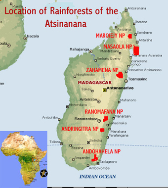 Map showing the location of the six parks and reserves (Marojejy, Masaola, Zahamena, Ranomafana, Andringitra and Andohahela) which make up the Rainforests of Atsinanana world heritage site, Madagascar