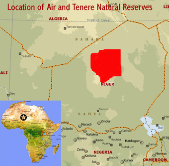 Map showing the location of the Air and Tenere Natural Reserves in Niger