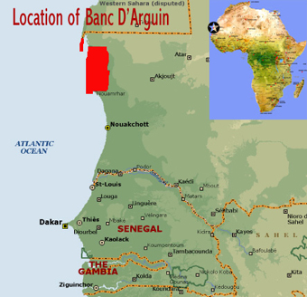 Map showing the location of the Banc d'Arguin National Park world heritage site (Mauritania)