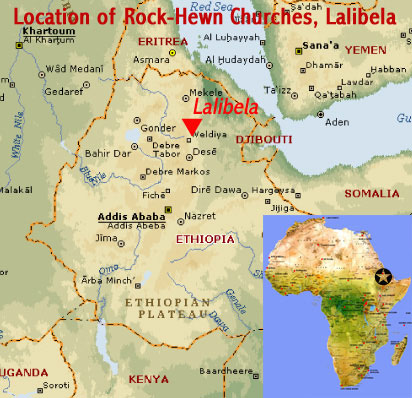 Map showing the location of the Rock-hewn churches of Lalibela UNESCO world heritage site, Ethiopia