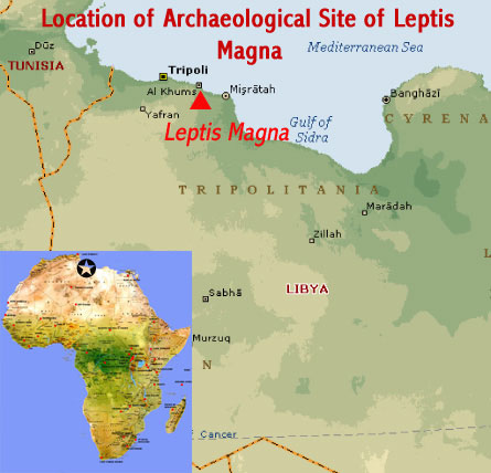 Map showing the location of the Roman ruins at the Archaeological Site of Leptis Magna UNESCO world heritage site, Libya