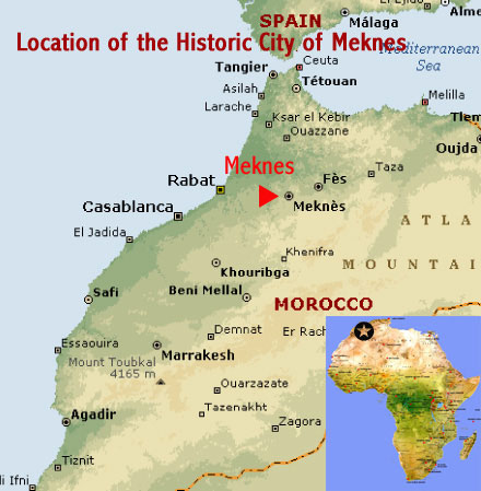 Map showing the location of the Historic City of Meknes UNESCO world heritage site, Morocco