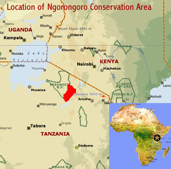 Map showing the location of the Ngorongoro Conservation Area world heritage site in Tanzania