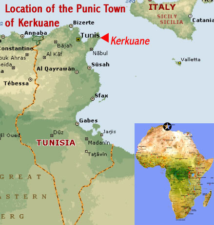 Map showing the location of the Punic Town of Kerkuane and its necropolis (UNESCO world heritage site), Tunisia