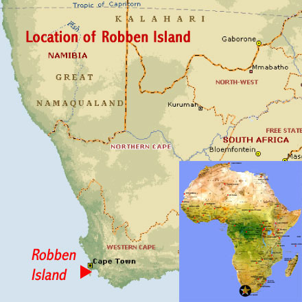 Map showing the location of the Robben Island UNESCO world heritage site (South Africa)