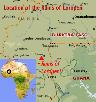 Map showing the location of the Ruins of Loropeni UNESCO world heritage site (Burkina Faso, West Africa)