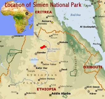 Map showing the location of the Simien Mountains National Park world heritage site in Ethiopia