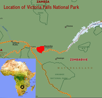 Map showing the location of Victoria Falls (Mosi-oa-tunya) National Park and world heritage site, on the border between Zambia and Zimbabwe