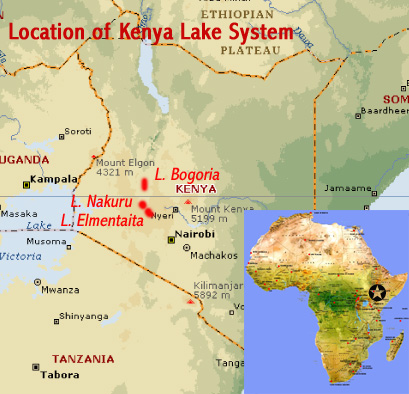 Map showing the location of the three lakes (Nakuru, Bogoria and Elementeita) that make up the Kenya Lakes System world heritage site