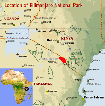 Map showing the location of the Kilimanjaro National Park world heritage site in Tanzania