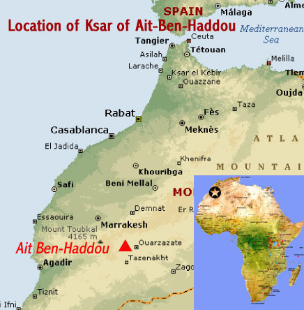 Map showing the location of the Ksar of Ait-Ben-Haddou UNESCO world heritage site near Ouarzazate, Morocco