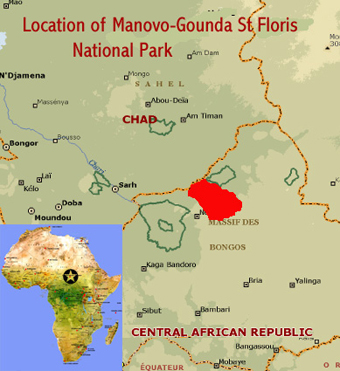 Map showing the location of Manovo-Gounda St Floris National Park world heritage site in the Central African Republic