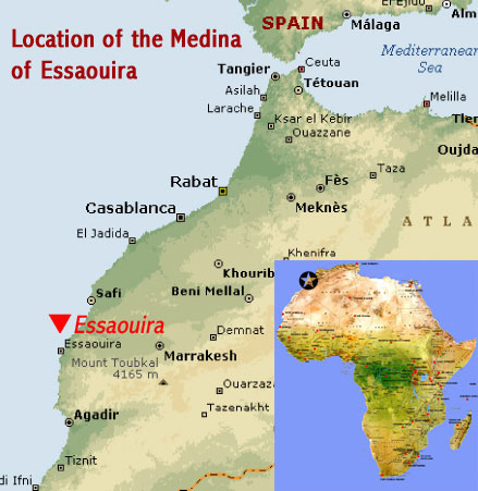 Map showing the location of the Medina of Essaouira (formerly Mogador) UNESCO world heritage site (Morocco)