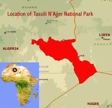 Map showing the location of Tassili N'Ajjer National Park & UNESCO world heritage site in Algeria