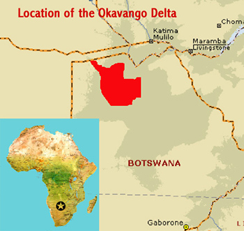 Map showing the location of the Okavango Delta World Heritage Site (Botswana)