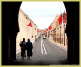 Looking through the Bab er Rih massive walls surround the Ville Imperiale at the Historic City of Meknes UNESCO world heritage site, Morocco