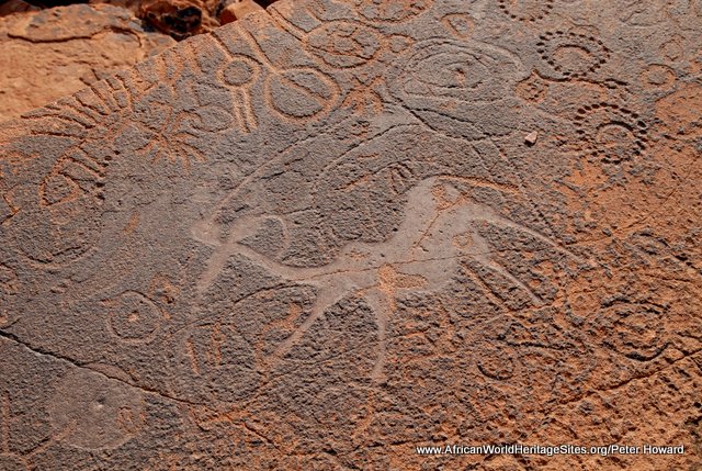 The famous 'dancing kudu' rock engraving at Twyfelfontein is surrounded by geometric patterns chipped into the surrounding rock