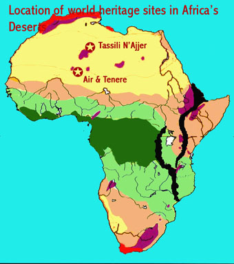 Map of Africa showing the principal ecosystems and locations of the two world heritage sites in the continent's deserts - Tassilli N'Ajjer National Park and Air and Tenere Natural Reserves 