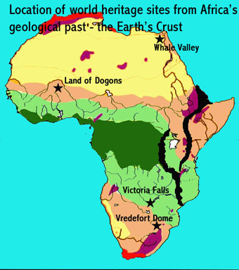 Map showing the location of world heritage sites from Africa's geological past - the Earth's Crust - namely the Land of the Dogons (Mail), Whale Valley (Egypt), Victoria Falls (Zambia and Zimbabwe) and Vredefort Dome (South Africa)