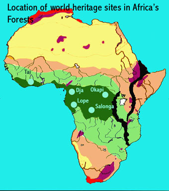 Map showing the location of the five UNESCO-designated natural world heritage sites in Africa's forests, namely the Dja Faunal Reserve, Okapi Wildlife Reserve, Tai, Lope and Salonga National Parks