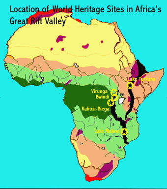 Map showing the location of five UNESCO-designated natural world heritage sites in Africa's Great Rift Valley, namely the Bwindi Impenetrable, Virungas, Kahuzi Biega, Lake Malawi, and Lake Turkana National Parks