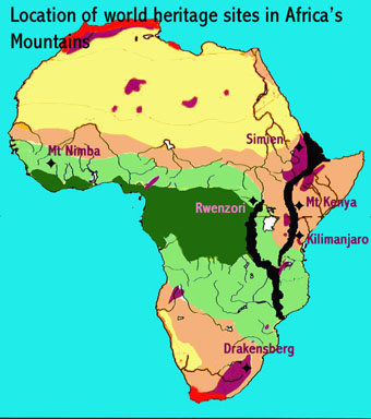 Map showing the location of world heritage sites in Africa's mountains, namely the Mount Nimba Strict Nature Reserve (Guinea/Ivory Coast), Simien Mountains (Ethiopia), Mount Kenya (Kenya), Rwenzori (Uganda), Kilimanjaro (Tanzania) and Drakensberg (South Africa) National Parks