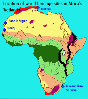 Map showing the location of the four UNESCO-designated natural world heritage sites in Africa's wetlands, namely the St Lucia iSimangaliso wetland park, Djoudj National Bird Sanctuary, Banc D'Arguin and Ichkeul National Parks