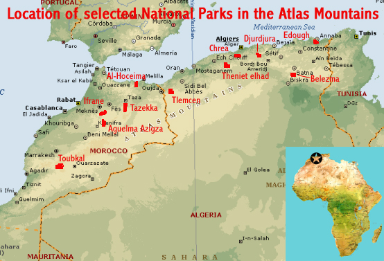 Map showing the location of 12 national parks in the Atlas Mountains (Morocco and Algeria) some of which might provide a basis for a serial World Heritage Site