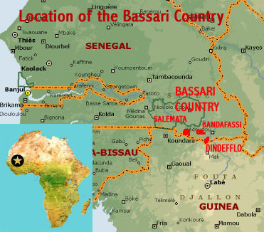 Map showing the location of Salemata, Bandafassi and Dindefflo areas of the Bassari Country UNESCO world heritage site, Senegal