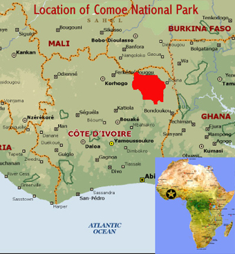 Map showing the location of Comoe National Park world heritage site in the Guinea woodlands of northern Ivory Coast