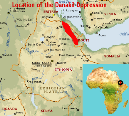 Map showing the location of the Danakil Depression (Ethiopia & Djibouti), an area with World Heritage Site potential on account of its unique geological features