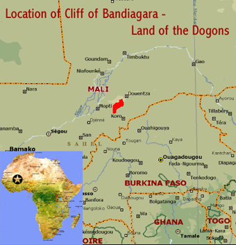 Map showing the location of the Cliff of Bandiagara - Land of the Dogons world heritage site in Mali