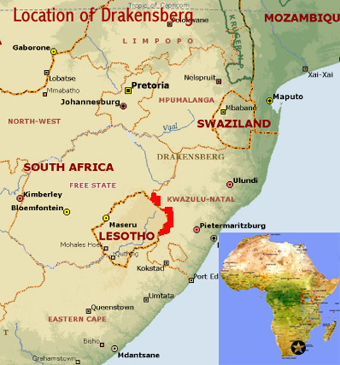 Map showing the location of the uKhahlamba - Drakensberg park world heritage site in South Africa