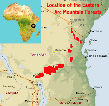 Map showing the location of the isolated mountain forests of the Eastern Arc (Tanzania) with World Heritage Site potential