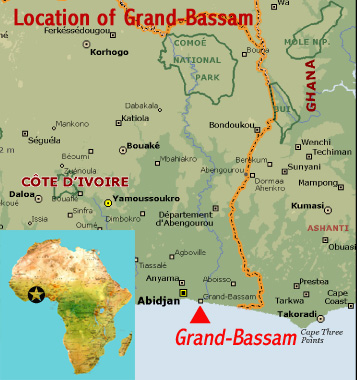 Map showing the location of the Historic Town of Grand-Bassam UNESCO world heritage site (Ivory Coast)