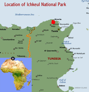 Map showing the location of Ichkeul National Park world heritage site in Tunisia