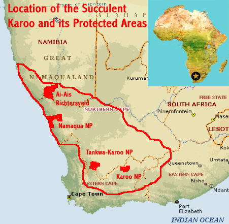 Map showing the location of four esisting protected areas within the Succulent Karoo (South Africa and Namibia), all potential elements of a serial World Heritage Site