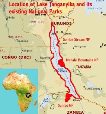 Map showing the location of Lake Tanganyika and the existing national parks of Gombe Stream and Mahale Mountains (Tanzania) and Sumbu (Zambia), all possible components of a serial World Heritage Site