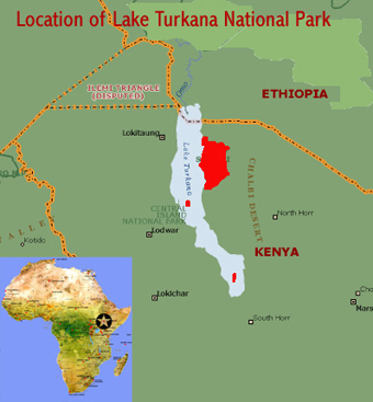 Map showing the location of the Lake Turkana National Parks (Sibiloi, Central Island, Southern Island), making up the world heritage site in Kenya