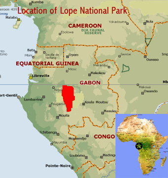 Map showing the location of Lope-Okanda National Park world heritage site in Gabon