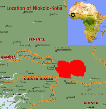 Map showing the location of Senegal's Niokolo-Koba National Park world heritage site in the Guinea woodlands of West Africa  